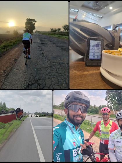 A collage of random moments from the Jog 1000K BRM. A beautiful sunrise, a quick meal, a roadside accident (not ours!), and a selfie with fellow riders capture the unpredictable nature of ultra cycling.