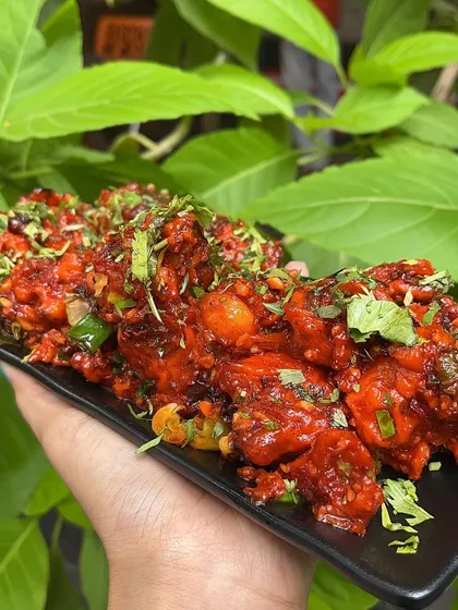 A plate of my Veg Crispy, garnished with fresh herbs. It's a delicious and crunchy starter that's full of flavour.