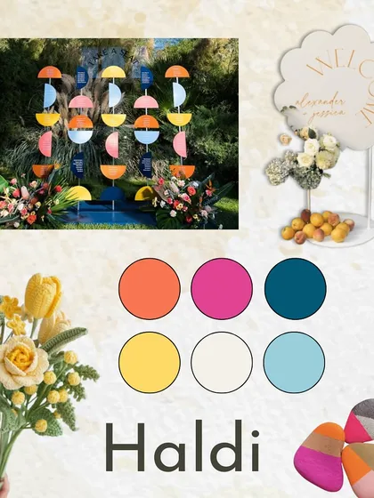 The mood board for our 'Sunny Side Up' Haldi. We envisioned a playful twist on tradition, mixing the golden glow of turmeric with cheerful citrus tones, geometric shapes, and whimsical florals.