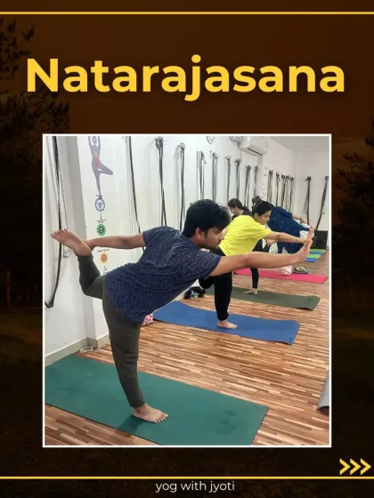 A graphic for Natarajasana, a beautiful and challenging balancing pose.