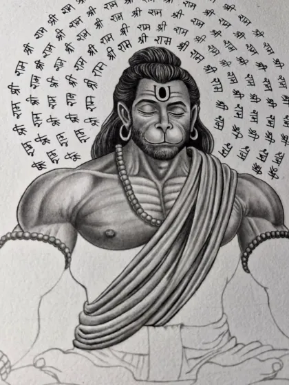A portrait of Hanuman ji in deep meditation, with "Shri Ram" written in a circular pattern. This is a highly detailed and spiritual piece.