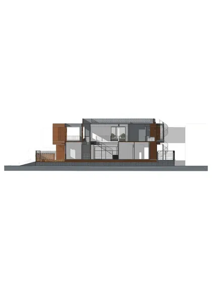 This cross-section drawing reveals the spatial organization of the D-14 residence. It shows how we use verandahs and layered spaces to create a home that is responsive to the climate and the family's lifestyle.