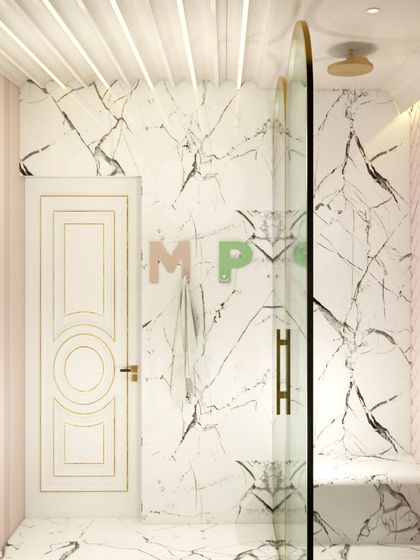 A fun and stylish kids' bathroom with a touch of glamour. The design uses white marble with black veining, a pink herringbone tile accent wall, and a rainbow-colored LED strip for a playful element.