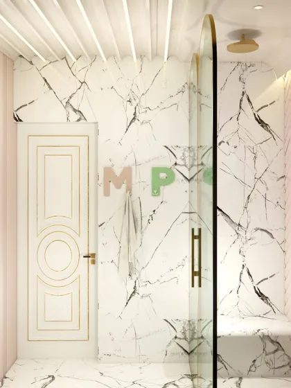 A fun and stylish kids' bathroom with a touch of glamour. The design uses white marble with black veining, a pink herringbone tile accent wall, and a rainbow-colored LED strip for a playful element.