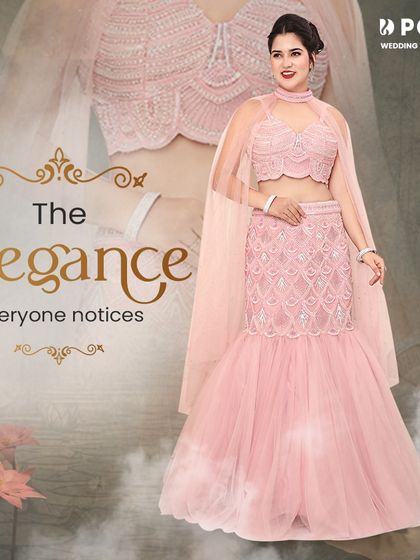 The elegance everyone notices. This graphic showcases a beautiful baby pink fish-cut lehenga with a cape, a perfect rental for a modern reception look.