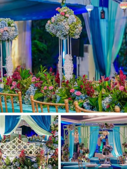 A collage showcasing the floral and seating details of a turquoise-themed mehendi. The decor includes tall floral centerpieces and comfortable, low seating arrangements.