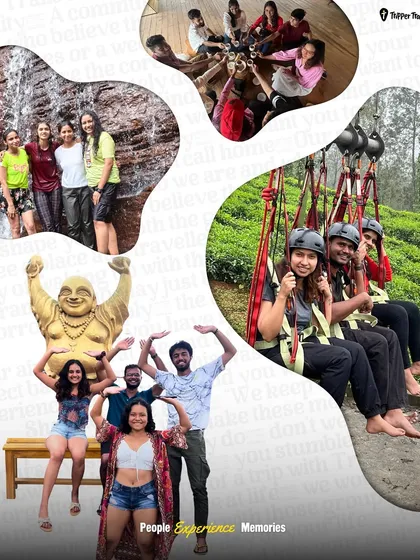 A collage of fun group activities, from ziplining to posing with a laughing Buddha statue. It showcases the variety of experiences you can have on my trips.