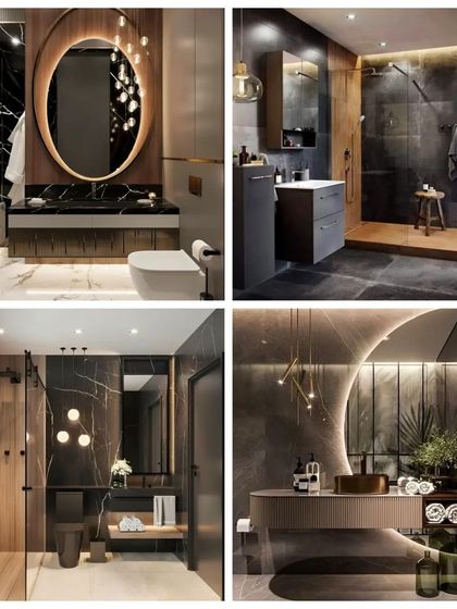 This collage presents a range of our luxury bathroom designs. It highlights our use of dark marble, wood accents, statement mirrors, and sophisticated lighting to create opulent and relaxing spaces.