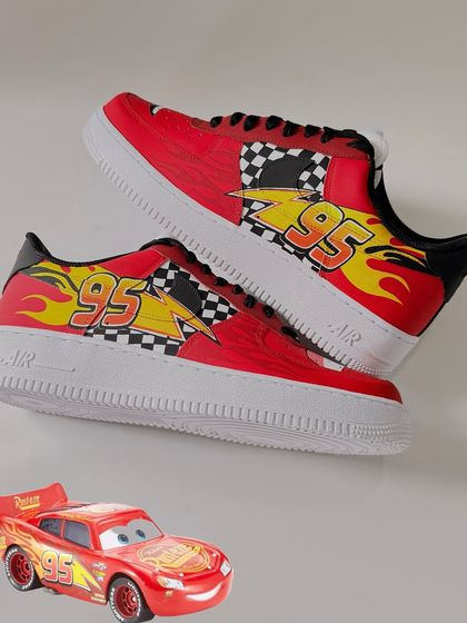 A closer look at the Lightning McQueen sneaker. The "95" and the flames give it a real sense of speed and energy. Kachow!