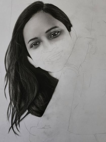 A progress shot of the portrait, showing the hair and face fully rendered.