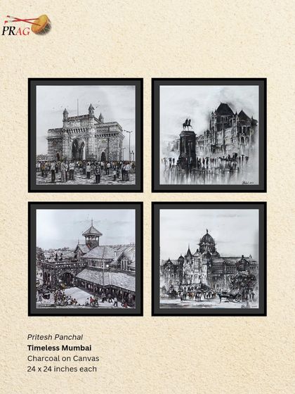 'Timeless Mumbai', a set of four charcoal drawings by Pritesh Panchal, capturing the iconic architecture of the city.