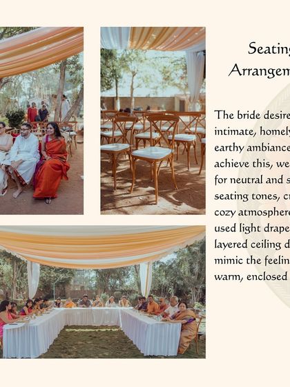 This graphic illustrates the seating arrangement for the rustic backyard wedding, where we used light drapes and a layered ceiling design to create a cozy, enclosed feel.