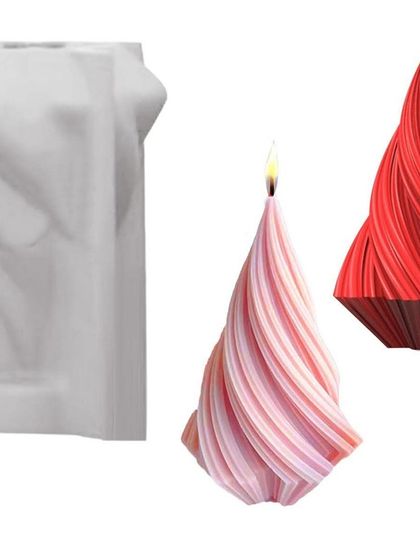 A view of the spiral Christmas tree candle mold alongside the finished product. This helps you visualize how the mold translates into a beautiful, twisted tree candle.