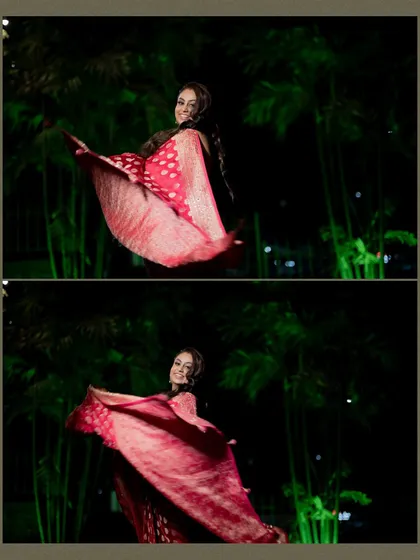 A creative collage of the bride twirling in her beautiful red saree during the reception, capturing the movement and elegance of her outfit.