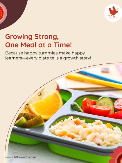 Growing strong, one meal at a time. This balanced plate with fresh fruits, vegetables, and rice shows our commitment to wholesome nutrition, because happy tummies make happy learners.