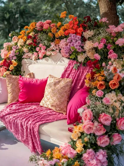 A stunning floral seating arrangement for a Mehendi in Goa. The sofa is completely enveloped in a rainbow of fresh flowers, creating the ultimate photo spot.