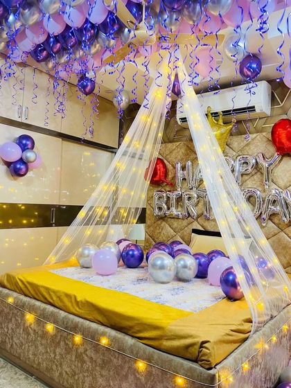A close-up of the fairy light canopy, showing how it creates a magical and cozy atmosphere for a birthday surprise.