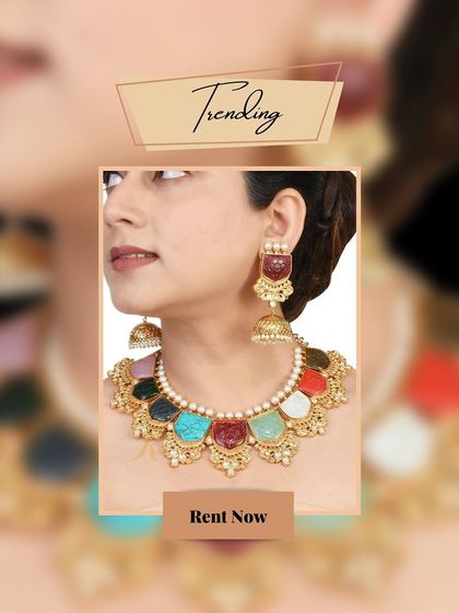 My beautiful regal Navratna necklace set features nine different semi-precious stones. This colorful and auspicious piece is perfect for bringing vibrancy to your look.