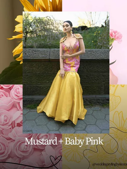 Mustard and baby pink is an unexpected yet stunning colour combination. This warm and playful palette is perfect for a Haldi or a quirky Mehendi look.