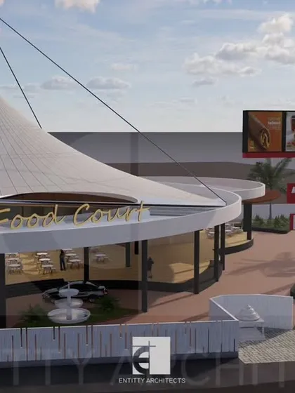 This is the design for a 2.3-acre food court on the Igatpuri Highway. The architecture features a distinctive tensile roof structure, creating a landmark for travelers. The layout is planned to manage high footfall while offering a comfortable and restful environment.