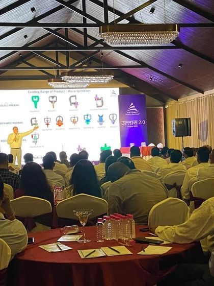 A presentation during our annual sales meet, Ullas 2.0, in Udaipur. Our Group CEO, Mr. Tushar Jain, discusses our extensive range of micro sprinklers with our dedicated sales team.