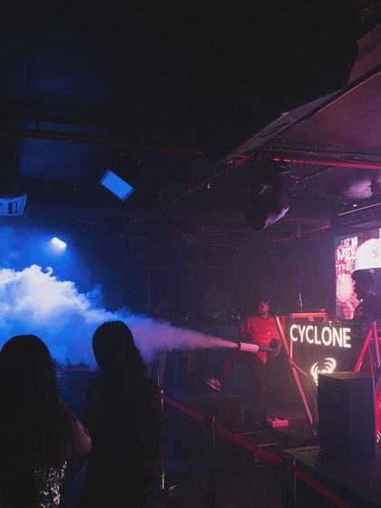 A wide shot of the smoke gun in action at Cyclone.