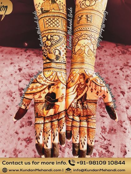 This design features a proposal scene on the palms, with the groom on one knee. The forearms are decorated with peacocks and other birds, adding to the romantic theme.