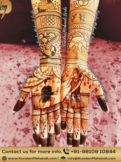 This design features a proposal scene on the palms, with the groom on one knee. The forearms are decorated with peacocks and other birds, adding to the romantic theme.