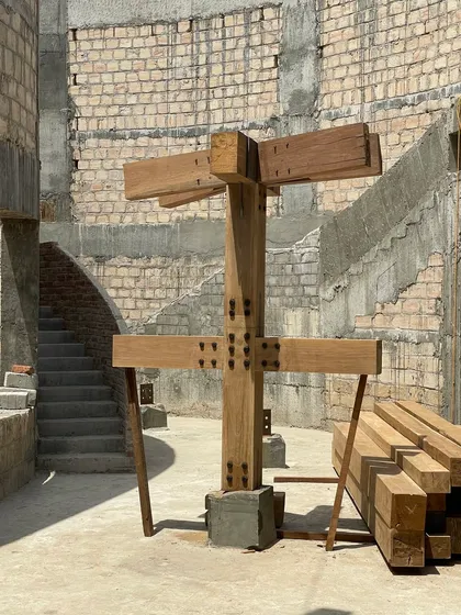 Our process is rooted in a deep understanding of materials and craftsmanship. This is a full scale mockup of a crucial timber joinery for the House of Galleries, ensuring the structural columns are not only functional but also lend their material warmth to the final space.