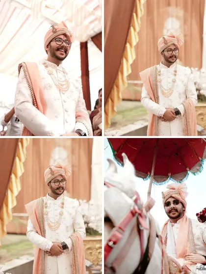 A collage showcasing the groom's journey on his wedding day, from his arrival on a horse to his happy smiles during the ceremony.