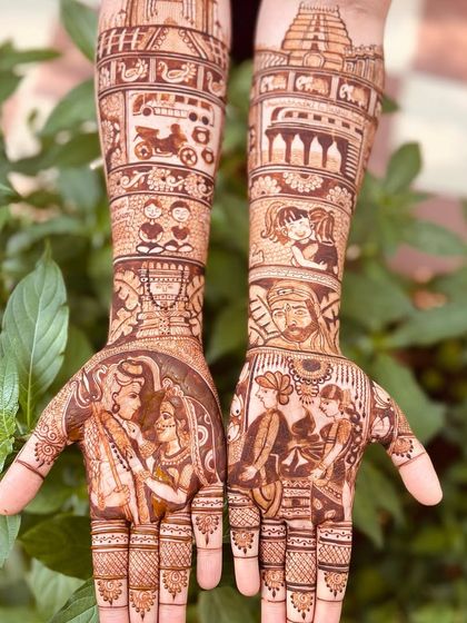 The complete storytelling mehendi, bringing together all the unique elements of the couple's life. From spiritual figures to personal memories, this design is a true masterpiece of personalization.