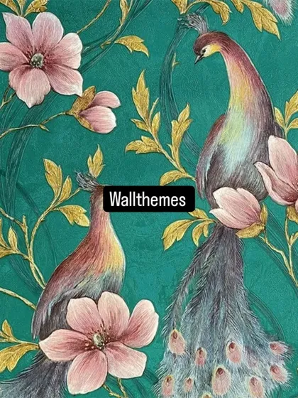 A close-up of a luxurious wallpaper featuring peacocks and magnolia flowers on a deep teal background. The intricate details and rich colors make it a stunning choice for a statement wall.