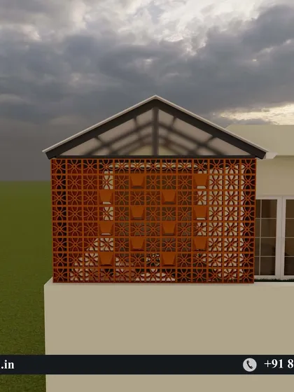 This is where the vision begins. A 3D design render showing the front view of a proposed terrace enclosure, featuring a wall of jali bricks under a sloped, insulated roof, allowing clients to visualize the final outcome.