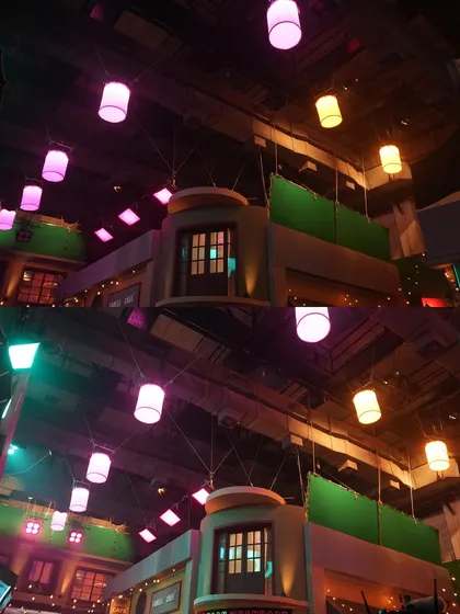 A detailed look at the hanging lanterns and colored lights used to bring the Patanjali commercial set to life.