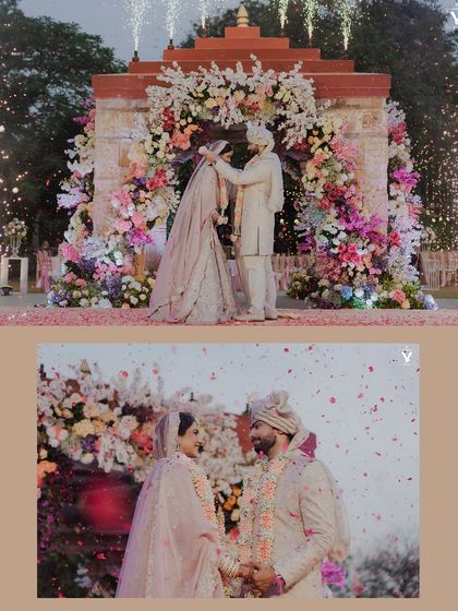 A collage of the varmala exchange, set against a beautiful floral mandap with pyrotechnics. The images capture the grandeur and excitement of this celebratory moment.