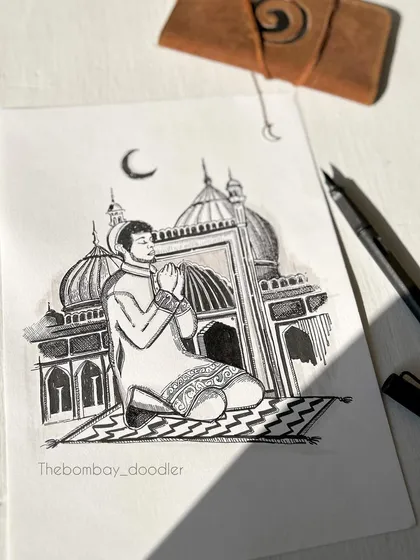 An ink illustration created for Eid Mubarak. The drawing depicts a person in prayer before a mosque, capturing a moment of peace and devotion.