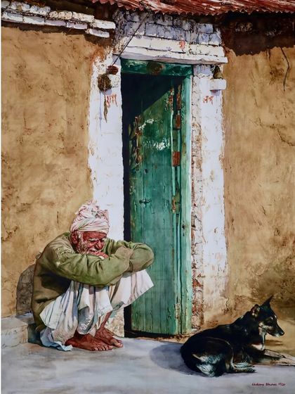 The full painting from which the previous details were taken. It shows an old man and his dog resting by the door, a complete story of quiet companionship.