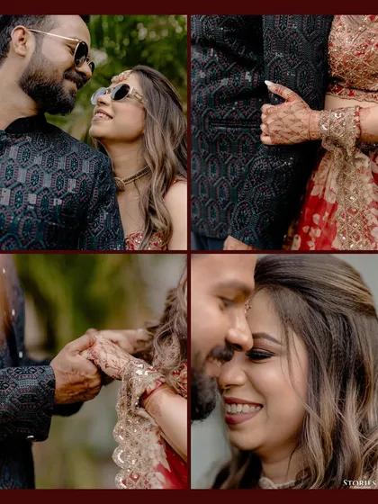 A collage of intimate, close-up shots of Amrit and Akarshika from their pre-wedding shoot, focusing on their connection and the details of their attire.
