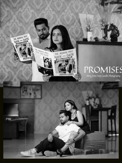 A creative black and white collage featuring a "Save The Date" newspaper prop, blending a classic announcement with a modern, candid feel.