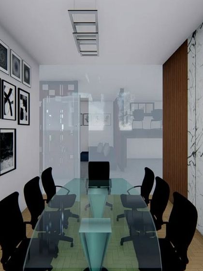 A clean and professional conference room design. Key features include a glass partition for an open feel, a feature wall with marble texture, and a gallery wall for branding or art.