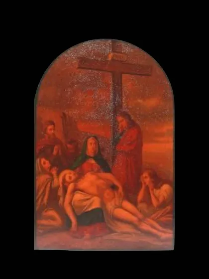 The final stage of the narrative, the deposition from the cross. This piece from the set of eight is a moving depiction of the lamentation, completing the story of the crucifixion.