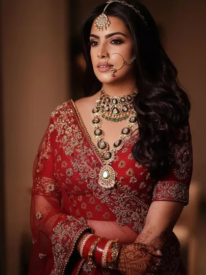 A portrait of my bride Sanna, showcasing her regal wedding look. We created a bold eye with full lashes and a perfectly defined lip to complement her heavily embroidered red lehenga and statement jewelry.