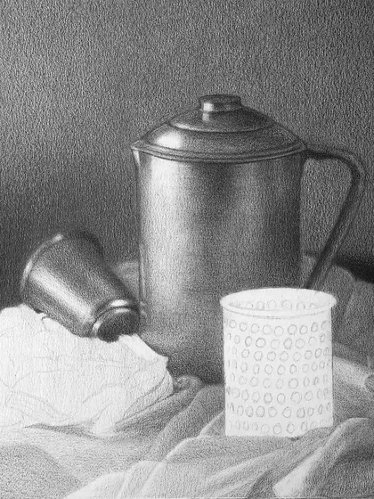Another progress shot, showing the development of shadows and metallic textures on the jug.