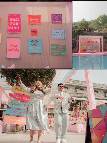 The Haldi event was designed for fun. We set up a quirky photo wall with funny Hindi signs and had the couple make a grand dance entrance to kick off the festivities.