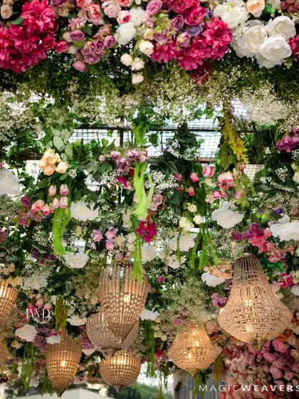 Another perspective on the lush, dense floral ceiling we created. This type of large scale floral installation is perfect for couples looking for a truly memorable and grand wedding decor statement.