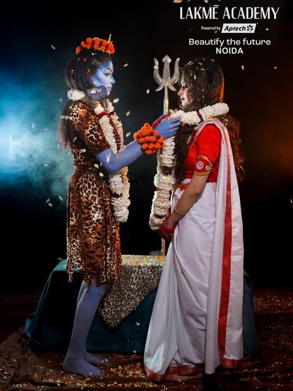A tender moment between Shiva and Parvati, created by our students. This shows the emotional depth that can be conveyed through makeup.