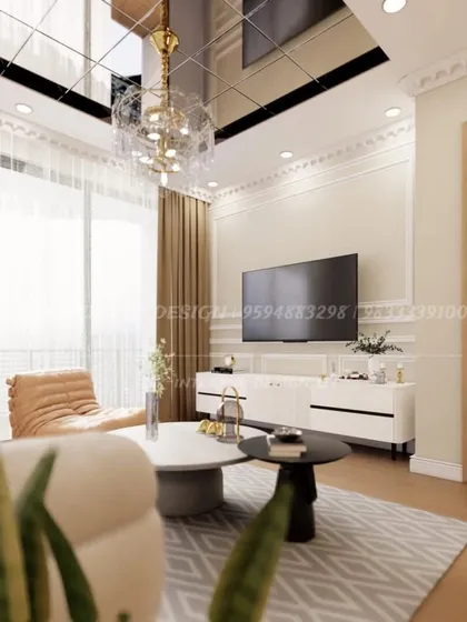 A perspective shot showing the clean lines of the white TV console and the natural light from the large window. The plant adds a fresh, organic element to the modern design.