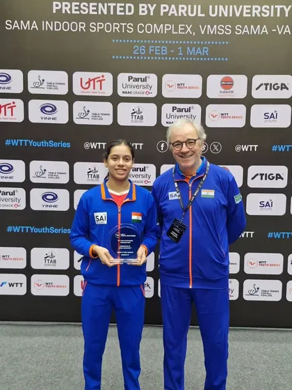 Ananya Chande with a WTT official at the Youth Contender event. Moments like these provide invaluable experience and exposure for young athletes aiming for a professional career in table tennis.