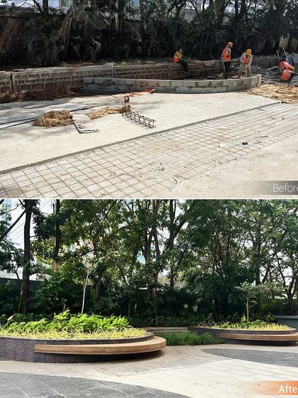 This before-and-after shot shows the transformation of a raw construction site into a vibrant social space. The curved planters with integrated wooden seating create an organic, seamless collaborative zone within this commercial project in Bangalore.