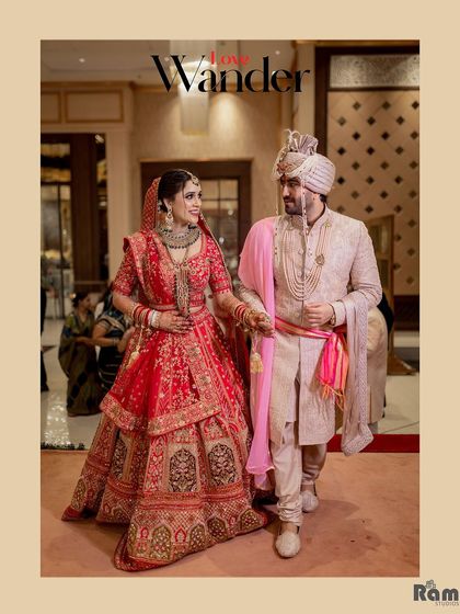 A classic walking shot of the couple, titled "Love Wander," capturing them hand-in-hand on their wedding day.